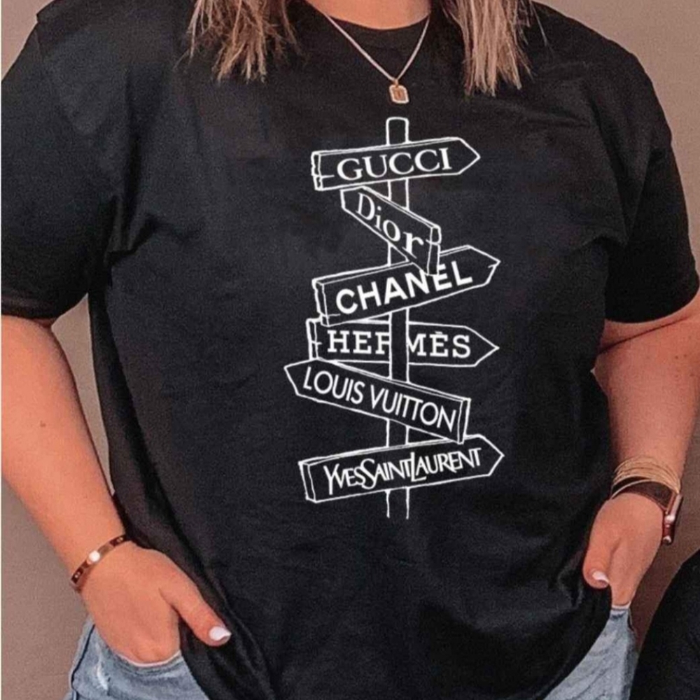 Black t-shirt with printed Designer names